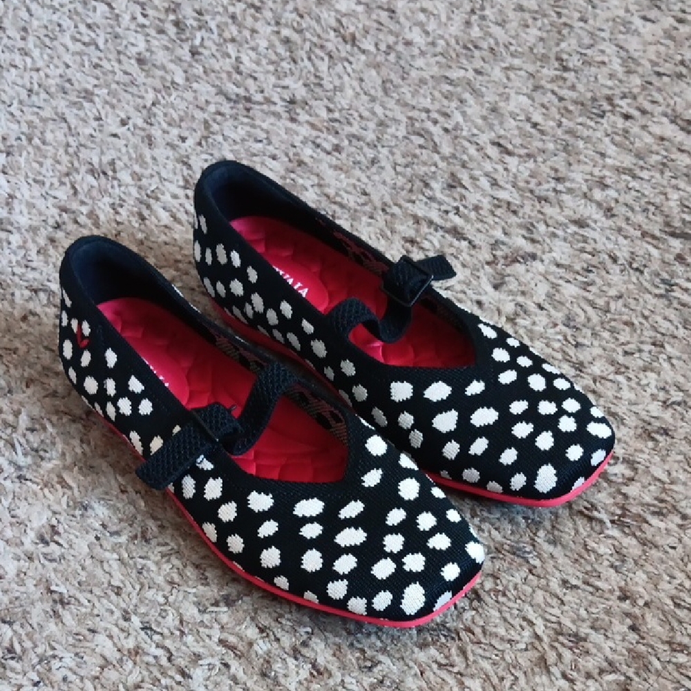 Polka Dot Mary Jane Flats - Black & White with Red Trim